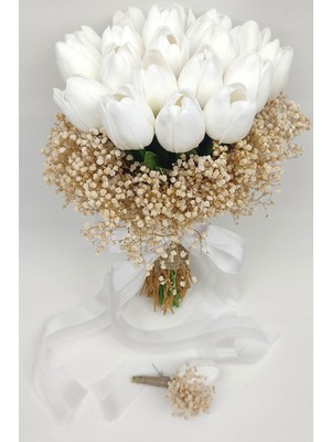 Hayalperest Boncuk Cipsolu Beyaz Laleli Gelin El Çiçeği ve Damat Çiçeği 20 Adet Lale