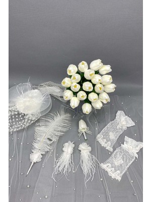 Hayalperest Boncuk Sade Islak Laleli Gelin Çiçeği Nikah Şapkası ve Gelin Eldiven Seti