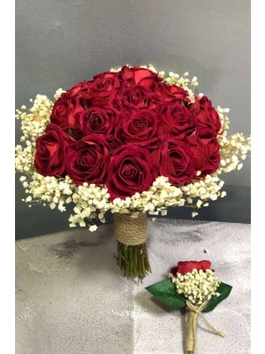 Hayalperest Boncuk Kırmızı Kadife Güllü Gelin Buketi