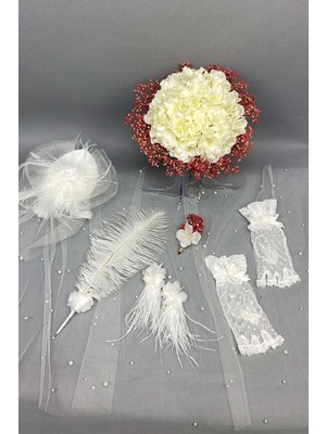 Hayalperest Boncuk Pudra Ortancalı Gelin Buketi Nikah Şapkası ve Gelin Eldiveni Seti