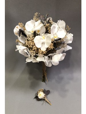 Hayalperest Boncuk Beyaz Orkide ve Krem Cipsolu Gelin Buketi