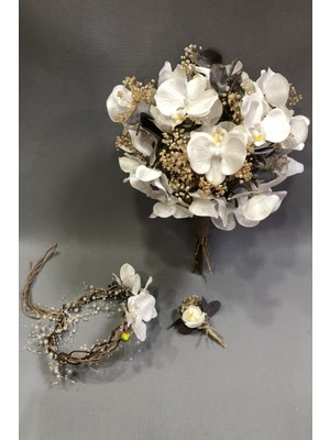 Hayalperest Boncuk Beyaz Orkideli ve Cipso Okaliptuslu Gelin Buketi ve Tacı