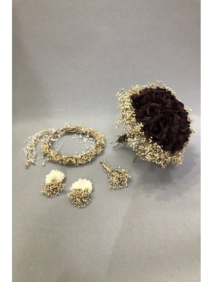 Hayalperest Boncuk Bordo Güllü Cipsolu Gelin Buketi Seti