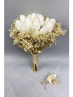 Hayalperest Boncuk Krem Kurutulmuş Çiçekli Beyaz Islak Laleli Gelin Buketi ve Damat Yaka Çiçeği