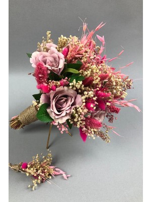 Hayalperest Boncuk Gül Kurusu ve Pembe Kurutulmuş Çiçekli Gelin Buketi ve Yaka Çiçeği