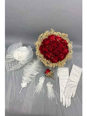 Hayalperest Boncuk Kadife Güllü Gelin Buketi Nikah Şapkası ve Gelin Eldiveni Seti