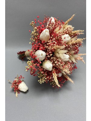 Hayalperest Boncuk Islak Laleli Pudra Cipsolu Gelin Buketi ve Damat Yaka Çiçeği