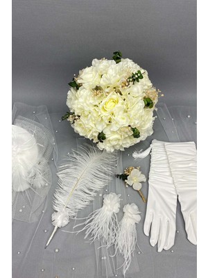 Hayalperest Boncuk Okaliptuslu Gelin Buketi Nikah Şapkası ve Gelin Eldiveni Seti