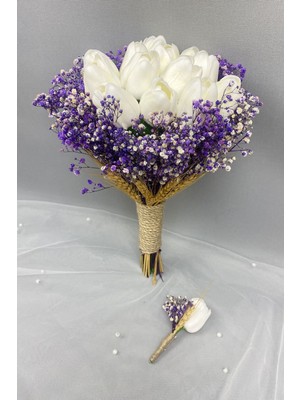 Hayalperest Boncuk Mor Cipsolu Islak Beyaz Laleli Gelin Çiçeği ve Damat Yaka Çiçeği