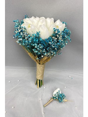 Hayalperest Boncuk Turkuaz Cipsolu Islak Beyaz Laleli Gelin Çiçeği ve Damat Yaka Çiçeği