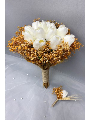 Hayalperest Boncuk Cipsolu Başaklı Islak Laleli Gelin Çiçeği ve Damat Yaka Çiçeği