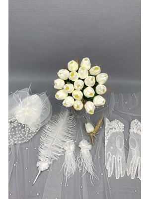 Hayalperest Boncuk Başaklı Islak Laleli Gelin Buketi Nikah Şapkası ve Gelin Eldiveni Seti