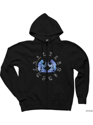 Ikizler Burcu Modern Siyah Fermuarlı Kapşonlu Sweatshirt