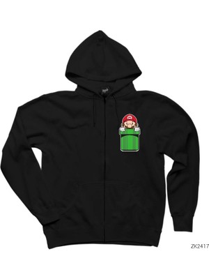 Super Mario Pocket Siyah Fermuarlı Kapşonlu Sweatshirt