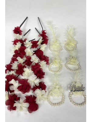 Hayalperest Boncuk Bordo Lazer Çiçekli 6 Adet Nedime Tacı ve Hediyelik Çocuk Tacı 6 Adet