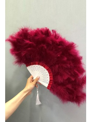 Bordo Renk Tüylü Gelin Kına Yelpazesi