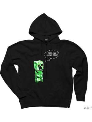 Minecraft Creepers Gonna Creep Siyah Fermuarlı Kapşonlu Sweatshirt