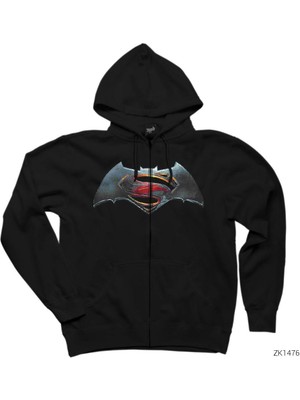 Superman V Batman Logo Siyah Fermuarlı Kapşonlu Sweatshirt