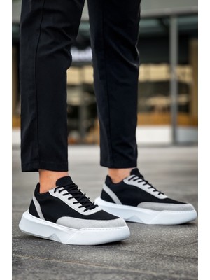 Ba0354 Günlük Bağcıklı Erkek Gri Parçalı Siyah Yüksek  Taban Spor Ayakkabı