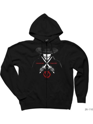 V For Vendetta Freedom Siyah Fermuarlı Kapşonlu Sweatshirt