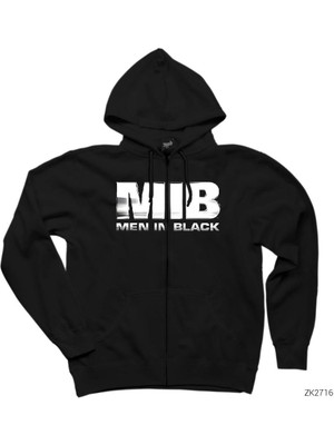 Men In Black Logo 2 Siyah Fermuarlı Kapşonlu Sweatshirt