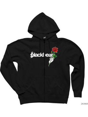 Blackbear Hand Held Rose Siyah Fermuarlı Kapşonlu Sweatshirt