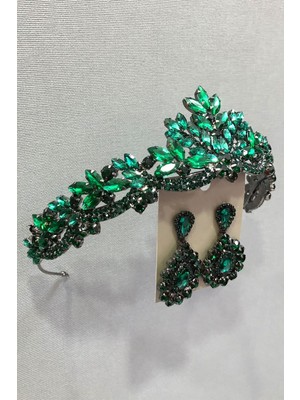 Hayalperest Boncuk Yeşil Kristal Taşlı Metal Kasalı Kına, Gelin Tacı ve Küpe Takımı