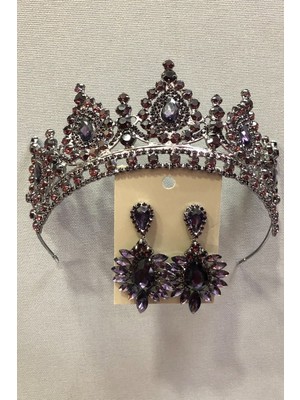 Hayalperest Boncuk Mor Kristal Taşlı Metal Kasalı Kına , Gelin Tacı ve Küpe Takımı