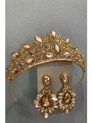 Hayalperest Boncuk Altın Rengi Kristal Cam Taşlı Gelin Tacı ve Küpe Takımı