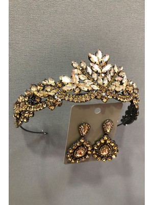 Hayalperest Boncuk Altın Rengi Kristal Taşlı Metal Kasalı Kına , Gelin Tacı ve Küpe Takımı