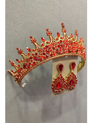 Hayalperest Boncuk Kırmızı Kristal Cam Taşlı Metal Kasalı Kına , Gelin Tacı ve Küpe Takımı