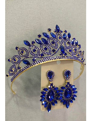 Hayalperest Boncuk Lacivert Kristal Cam Taşlı Altın Rengi Gelin Tacı ve Küpe Takımı