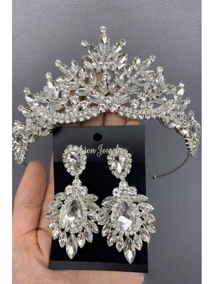 Hayalperest Boncuk Gümüş Renk Berlin Gelin Tacı ve Küpesi Zarif Tasarım İnci Detaylarla