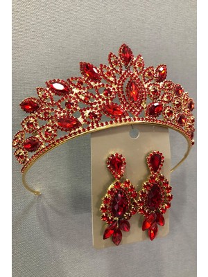 Hayalperest Boncuk Yakut Rengi Kristal Cam Taşlı Altın Rengi Gelin Tacı ve Küpe Takımı