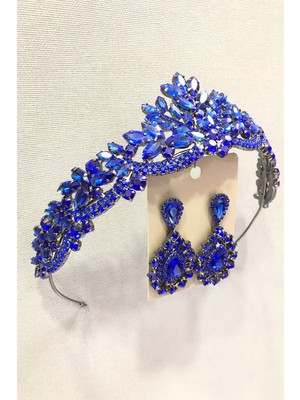 Hayalperest Boncuk Mavi Kristal Taşlı Metal Kasalı Kına , Gelin Tacı ve Küpe Takımı