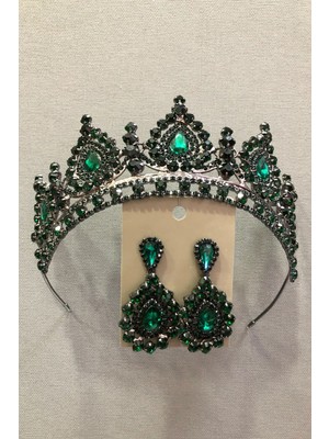 Hayalperest Boncuk Zümrüt Yeşili Kristal Cam Taşlı Metal Kasalı Kına , Gelin Tacı ve Küpe Takımı