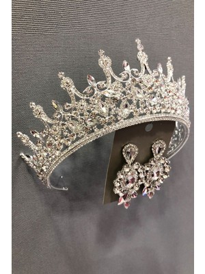 Hayalperest Boncuk Gümüş Rengi Kristal Taşlı Metal Kasalı Gelin Tacı ve Küpe Takımı