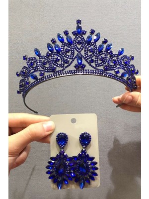 Hayalperest Boncuk Mavi Renk Gelin Kına Tacı ve Küpe Takım