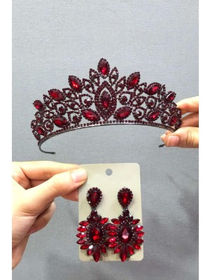 Hayalperest Boncuk Bordo Kına Gelin Tacı ve Küpe Takım