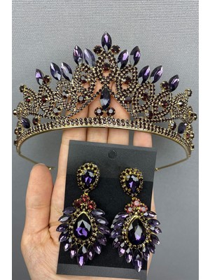 Hayalperest Boncuk Mor Gold Gelin Kına Tac ve Küpesi