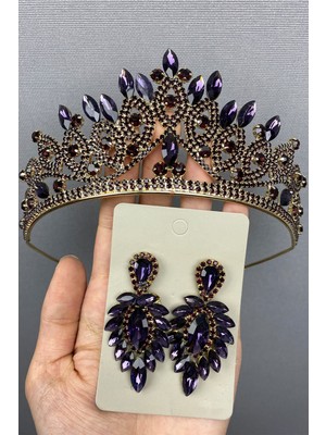 Hayalperest Boncuk Mor Gold Gelin Kına Tac ve Küpe