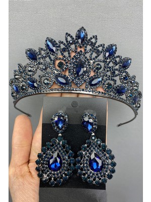 Hayalperest Boncuk Lacivert Gelin Kına Tacı ve Küpesi