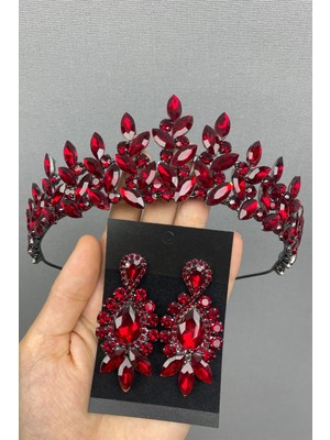 Hayalperest Boncuk Bordo Subra Model Gelin Kına Tacı ve Küpe Şık Tasarım Kadın Aksesuar Seti