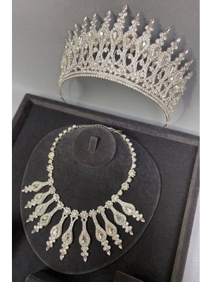 Hayalperest Boncuk Henna Gelin Tacı ve Abiye Kolye Küpe Seti Gümüş