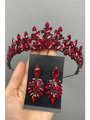 Hayalperest Boncuk Bordo Subra Model Gelin Kına Tacı ve Küpesi