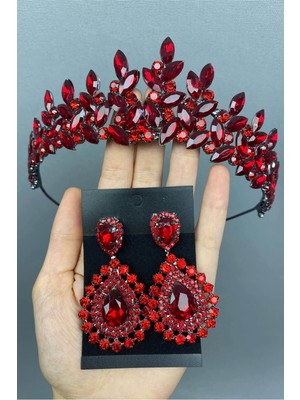 Hayalperest Boncuk Kırmızı Subra Model Gelin Kına Tacı ve Küpe Zarif Tasarım Kadın Aksesuarı