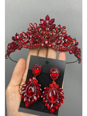 Hayalperest Boncuk Kırmızı Berlin Model Gelin Kına Tacı ve Küpesi Zarif Tasarım ile Göz Alıcı Detaylar