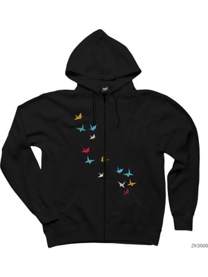 Flying Papers As Birds Siyah Fermuarlı Kapşonlu Sweatshirt
