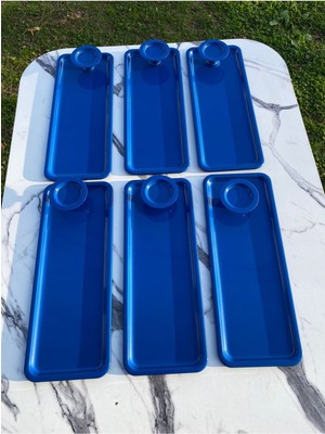 2 Model 6'lı Mavi Baton Tepsi ve 6'lı Mavi Makaronluk, Kahve ve Pasta Servisi Sunum Tepsisi