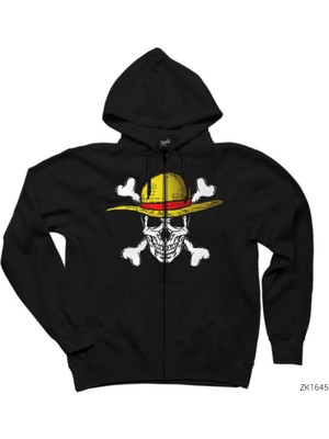 One Piece Pirate Skull Siyah Fermuarlı Kapşonlu Sweatshirt